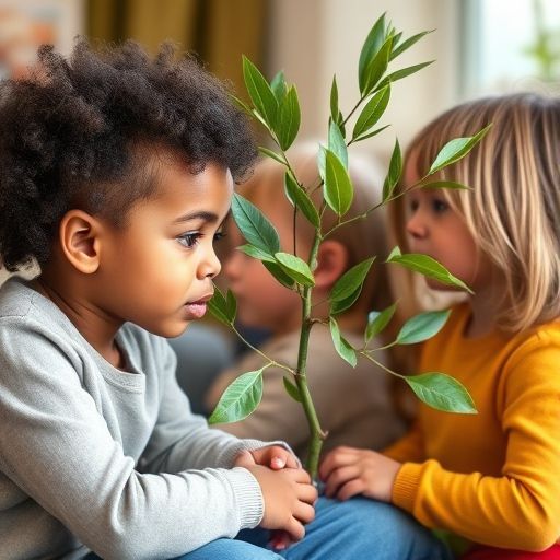 Two babies are watching a olive branch